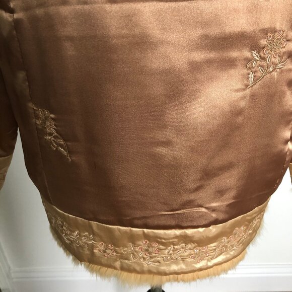 Light Copper Color Satiny Jacket with Embroidered Flowers and faux fur trim - Picture 9 of 14